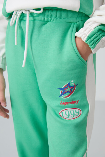 Tommylife Wholesale 7-15 Age Hooded Oversize Girls Tracksuit Set 75166 Ecru - Aqua Green - Thumbnail