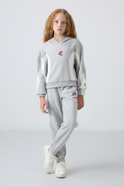 Tommylife Wholesale 7-15 Age Hooded Oversize Girls Tracksuit Set 75166 Gray Melange - Thumbnail