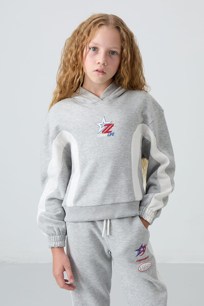 Tommylife Wholesale 7-15 Age Hooded Oversize Girls Tracksuit Set 75166 Gray Melange - Thumbnail