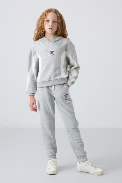 Tommylife Wholesale 7-15 Age Hooded Oversize Girls Tracksuit Set 75166 Gray Melange - Thumbnail