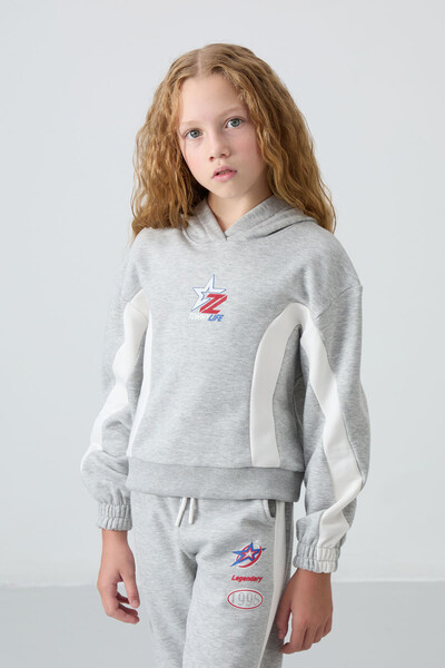 Tommylife Wholesale 7-15 Age Hooded Oversize Girls Tracksuit Set 75166 Gray Melange - Thumbnail