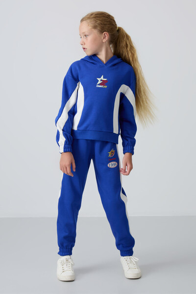 Tommylife Wholesale 7-15 Age Hooded Oversize Girls Tracksuit Set 75166 Night Blue - Thumbnail