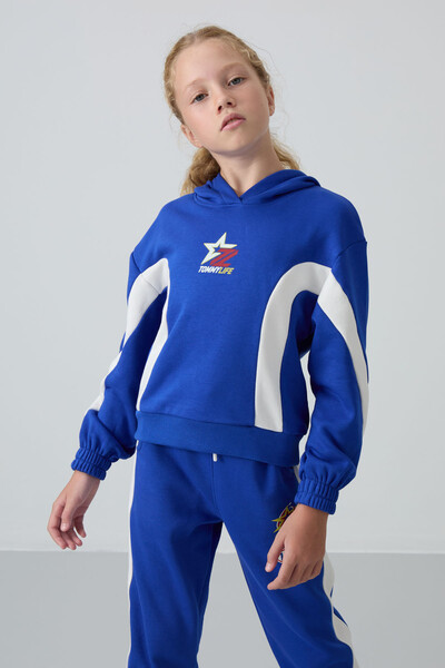 Tommylife Wholesale 7-15 Age Hooded Oversize Girls Tracksuit Set 75166 Night Blue - Thumbnail