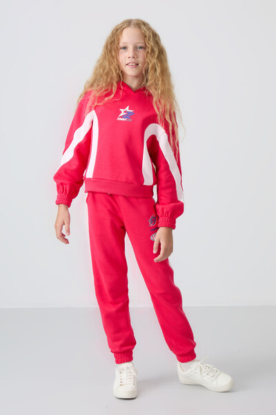 Tommylife Wholesale 7-15 Age Hooded Oversize Girls Tracksuit Set 75166 Viva Red - Thumbnail