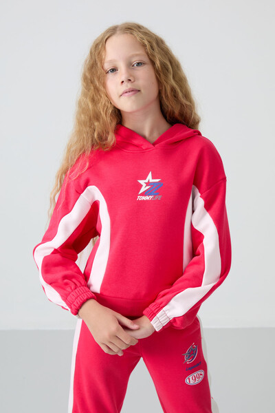 Tommylife Wholesale 7-15 Age Hooded Oversize Girls Tracksuit Set 75166 Viva Red - Thumbnail