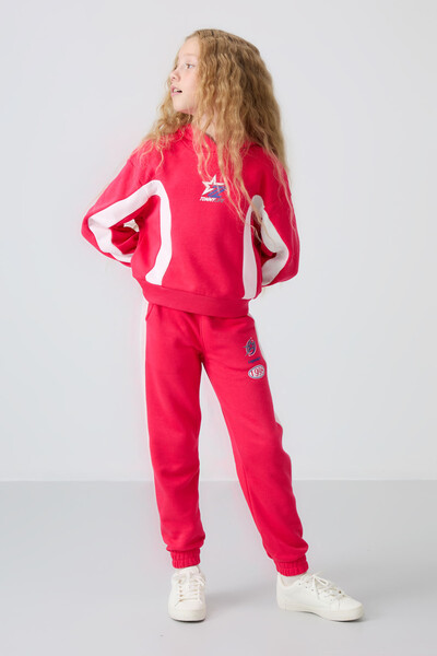 Tommylife Wholesale 7-15 Age Hooded Oversize Girls Tracksuit Set 75166 Viva Red - Thumbnail