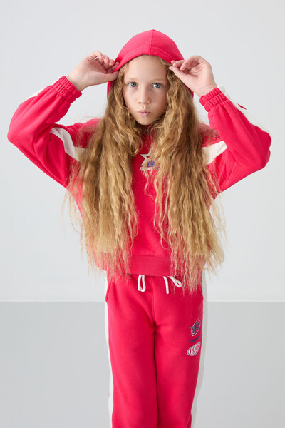 Tommylife Wholesale 7-15 Age Hooded Oversize Girls Tracksuit Set 75166 Viva Red - Thumbnail