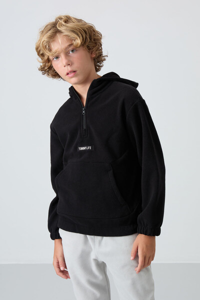 Tommylife Wholesale 7-15 Age Hooded Standard Fit Basic Boys' Fleece Sweatshirt 11230 Black - Thumbnail