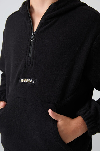 Tommylife Wholesale 7-15 Age Hooded Standard Fit Basic Boys' Fleece Sweatshirt 11230 Black - Thumbnail