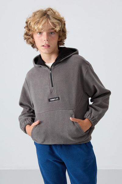 Tommylife Wholesale 7-15 Age Hooded Standard Fit Basic Boys' Fleece Sweatshirt 11230 Dark Gray - Thumbnail