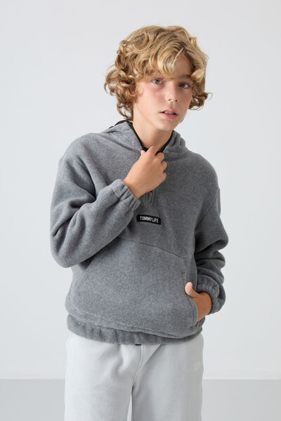 Tommylife Wholesale 7-15 Age Hooded Standard Fit Basic Boys' Fleece Sweatshirt 11230 Gray Melange - Thumbnail