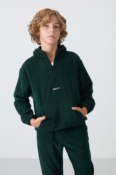 Tommylife Wholesale 7-15 Age Hooded Standard Fit Basic Boys' Fleece Sweatshirt 11230 Pine Green - Thumbnail