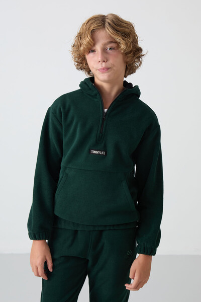 Tommylife Wholesale 7-15 Age Hooded Standard Fit Basic Boys' Fleece Sweatshirt 11230 Pine Green - Thumbnail