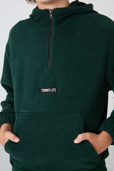 Tommylife Wholesale 7-15 Age Hooded Standard Fit Basic Boys' Fleece Sweatshirt 11230 Pine Green - Thumbnail