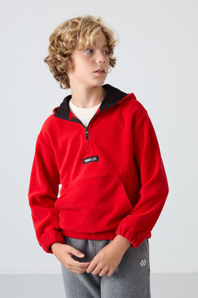 Tommylife Wholesale 7-15 Age Hooded Standard Fit Basic Boys' Fleece Sweatshirt 11230 Red - Thumbnail