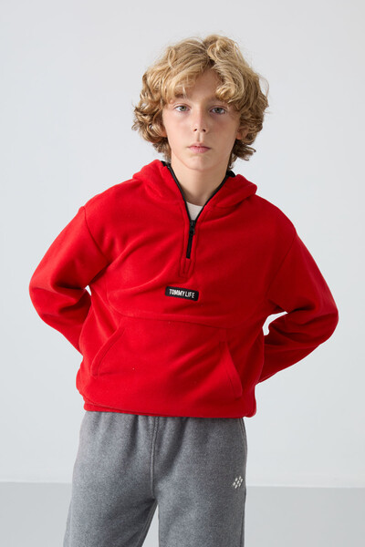 Tommylife Wholesale 7-15 Age Hooded Standard Fit Basic Boys' Fleece Sweatshirt 11230 Red - Thumbnail