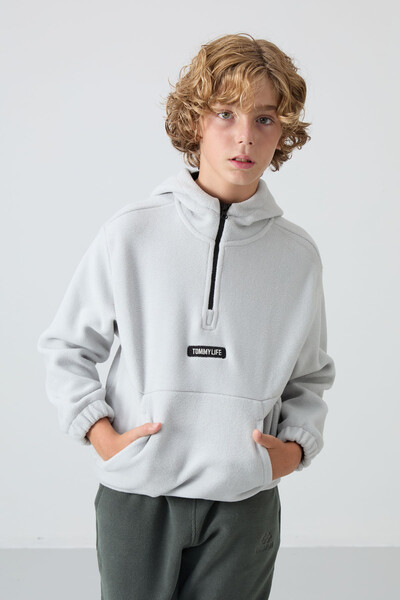 Tommylife Wholesale 7-15 Age Hooded Standard Fit Basic Boys' Fleece Sweatshirt 11230 Stone - Thumbnail