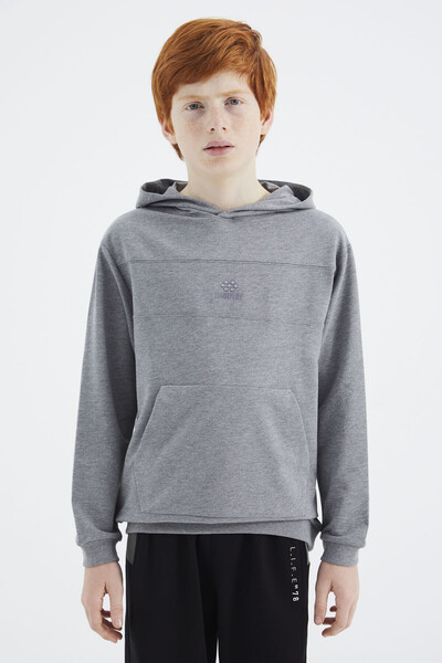 Tommylife Wholesale 7-15 Age Hooded Standard Fit Basic Boys' Sweatshirt 11181 Gray Melange - Thumbnail