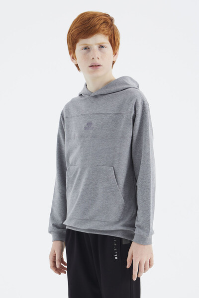 Tommylife Wholesale 7-15 Age Hooded Standard Fit Basic Boys' Sweatshirt 11181 Gray Melange - Thumbnail