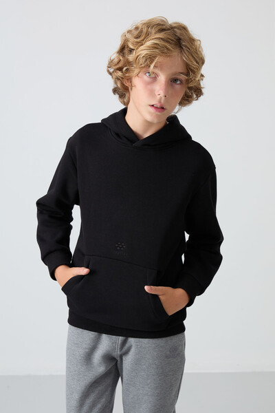 Tommylife Wholesale 7-15 Age Hooded Standard Fit Basic Boys' Sweatshirt 11215 Black - Thumbnail