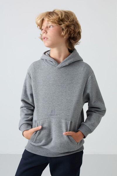 Tommylife Wholesale 7-15 Age Hooded Standard Fit Basic Boys' Sweatshirt 11215 Gray Melange - Thumbnail