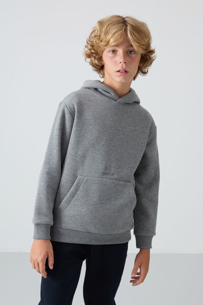 Tommylife Wholesale 7-15 Age Hooded Standard Fit Basic Boys' Sweatshirt 11215 Gray Melange - Thumbnail