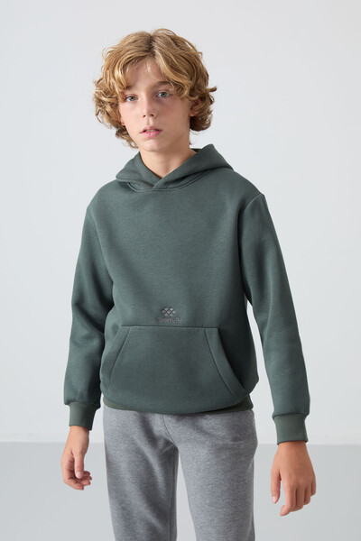 Tommylife Wholesale 7-15 Age Hooded Standard Fit Basic Boys' Sweatshirt 11215 Khaki - Thumbnail