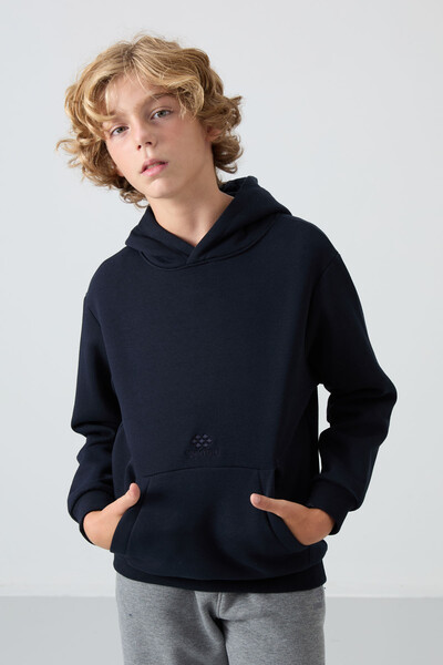 Tommylife Wholesale 7-15 Age Hooded Standard Fit Basic Boys' Sweatshirt 11215 Navy Blue - Thumbnail