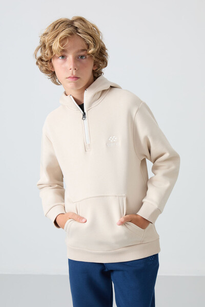 Tommylife Wholesale 7-15 Age Hooded Standard Fit Basic Boys' Sweatshirt 11244 Beige - Thumbnail