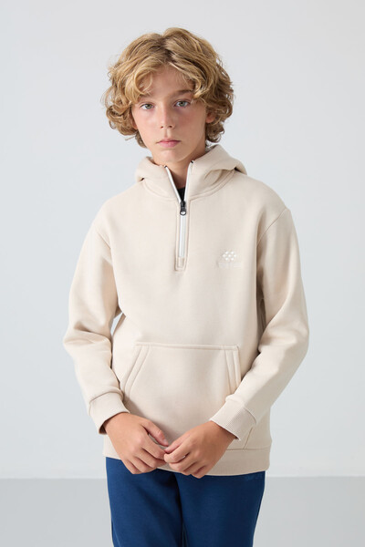 Tommylife Wholesale 7-15 Age Hooded Standard Fit Basic Boys' Sweatshirt 11244 Beige - Thumbnail