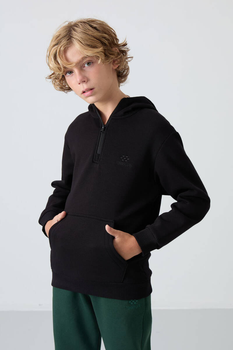 TommyLife - Tommylife Wholesale 7-15 Age Hooded Standard Fit Basic Boys' Sweatshirt 11244 Black