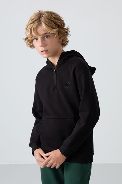 Tommylife Wholesale 7-15 Age Hooded Standard Fit Basic Boys' Sweatshirt 11244 Black - Thumbnail