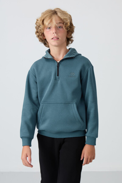 Tommylife Wholesale 7-15 Age Hooded Standard Fit Basic Boys' Sweatshirt 11244 Forest Green - Thumbnail