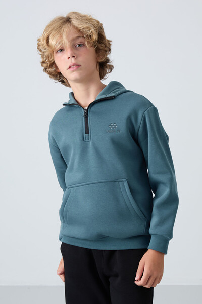 Tommylife Wholesale 7-15 Age Hooded Standard Fit Basic Boys' Sweatshirt 11244 Forest Green - Thumbnail