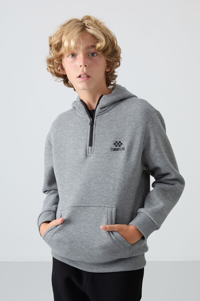 Tommylife Wholesale 7-15 Age Hooded Standard Fit Basic Boys' Sweatshirt 11244 Gray Melange - Thumbnail