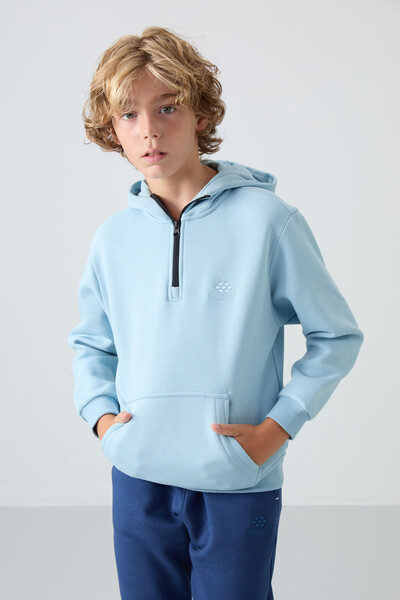 Tommylife Wholesale 7-15 Age Hooded Standard Fit Basic Boys' Sweatshirt 11244 Light Blue - Thumbnail