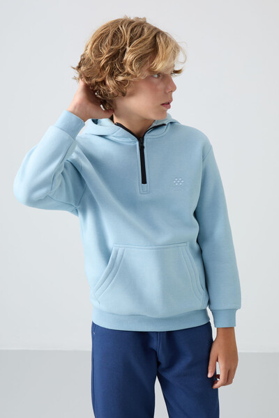 Tommylife Wholesale 7-15 Age Hooded Standard Fit Basic Boys' Sweatshirt 11244 Light Blue - Thumbnail