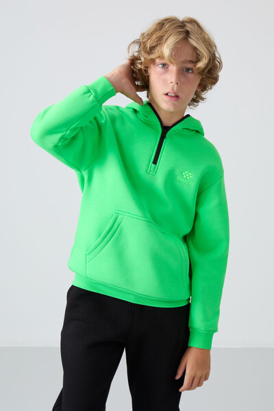 Tommylife Wholesale 7-15 Age Hooded Standard Fit Basic Boys' Sweatshirt 11244 Neon Green - Thumbnail