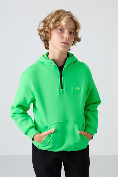 Tommylife Wholesale 7-15 Age Hooded Standard Fit Basic Boys' Sweatshirt 11244 Neon Green - Thumbnail