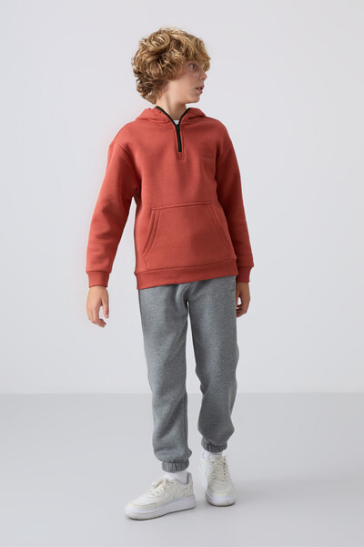 Tommylife Wholesale 7-15 Age Hooded Standard Fit Basic Boys' Sweatshirt 11244 Terracotta - Thumbnail