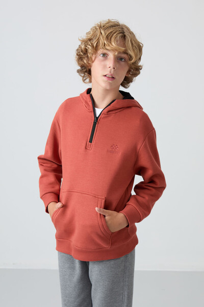 Tommylife Wholesale 7-15 Age Hooded Standard Fit Basic Boys' Sweatshirt 11244 Terracotta - Thumbnail