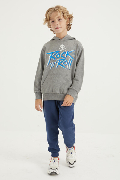 Tommylife Wholesale 7-15 Age Hooded Standard Fit Boys' Sweatshirt 11002 Gray Melange - Thumbnail