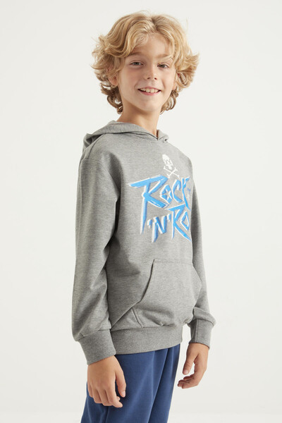 Tommylife Wholesale 7-15 Age Hooded Standard Fit Boys' Sweatshirt 11002 Gray Melange - Thumbnail