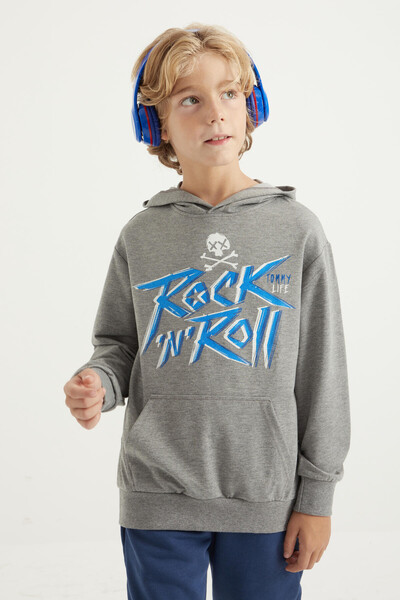 Tommylife Wholesale 7-15 Age Hooded Standard Fit Boys' Sweatshirt 11002 Gray Melange - Thumbnail