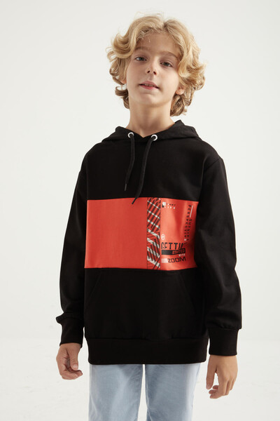 Tommylife Wholesale 7-15 Age Hooded Standard Fit Boys' Sweatshirt 11010 Black - Thumbnail