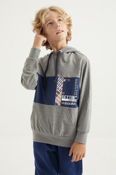 Tommylife Wholesale 7-15 Age Hooded Standard Fit Boys' Sweatshirt 11010 Gray Melange - Thumbnail