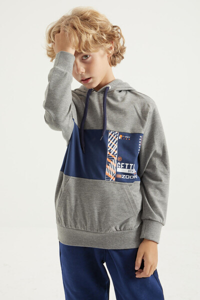 Tommylife Wholesale 7-15 Age Hooded Standard Fit Boys' Sweatshirt 11010 Gray Melange - Thumbnail