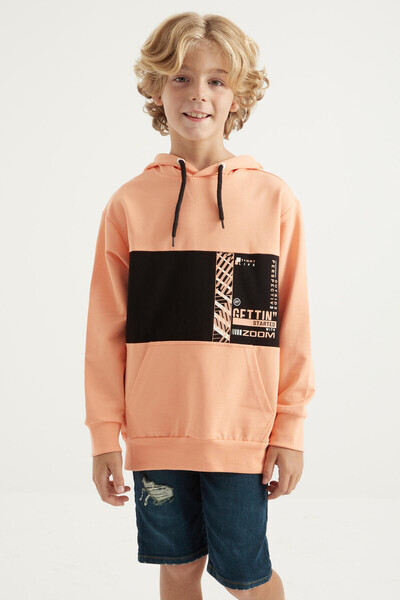 Tommylife Wholesale 7-15 Age Hooded Standard Fit Boys' Sweatshirt 11010 Melon - Thumbnail