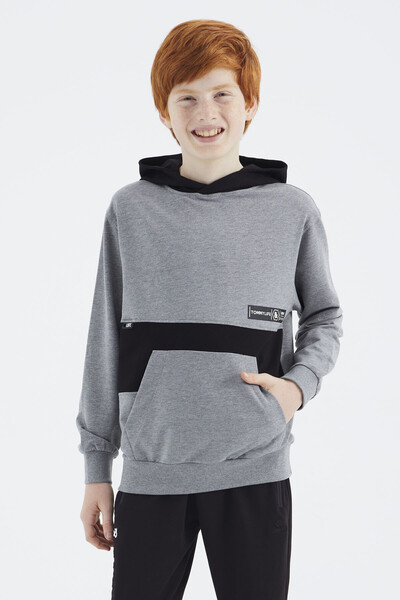 Tommylife Wholesale 7-15 Age Hooded Standard Fit Boys' Sweatshirt 11179 Gray Melange - Thumbnail