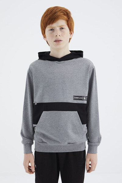 Tommylife Wholesale 7-15 Age Hooded Standard Fit Boys' Sweatshirt 11179 Gray Melange - Thumbnail